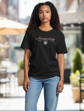 Aeropostale Black Tee with White and Pink Accents Women's Size-Large